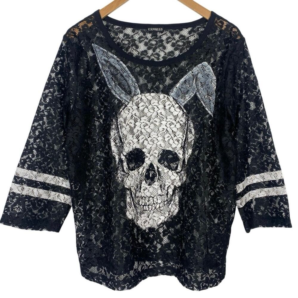 Express Skull Bunny Lace Top Black Gothic Grunge Large Emo Grunge Gothic witchy